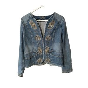 Kikit Jeans Jacket Denim Open Front Tan Floral Embroidery Size L Western, Boho